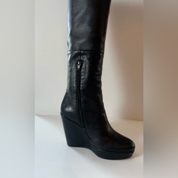Stuart Weitzman Black Leather Wedge Knee-High Boots (9) - Picture 11 of 16